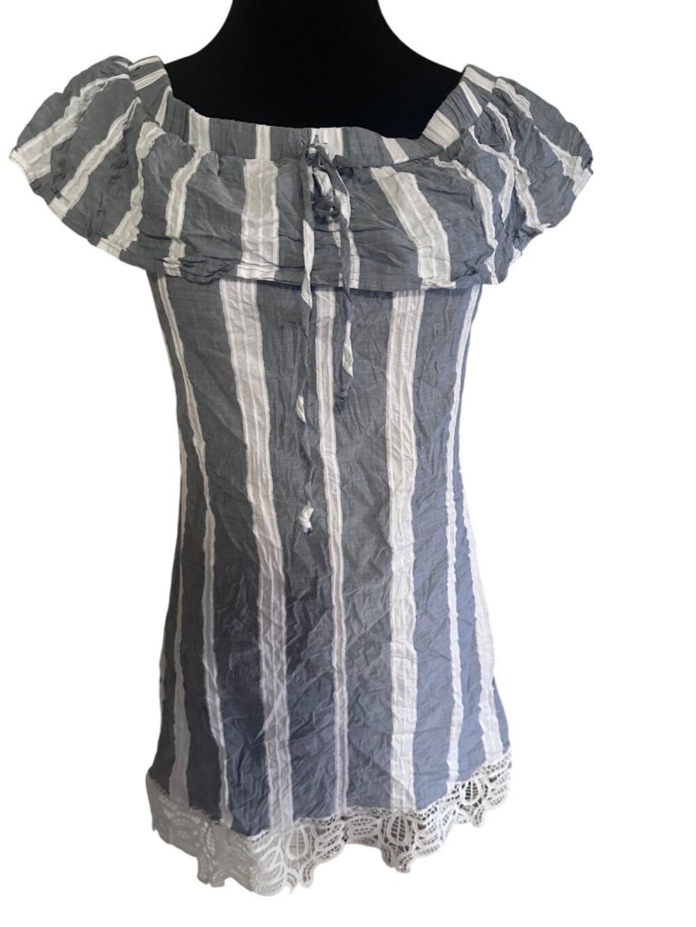 Trixxi 100% cotton gray and white striped dress with crochet hem size M